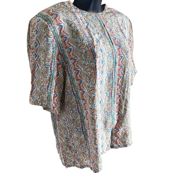Retro Luxe Boho Silk Blouse 14 Tribal Floral Print Shoulder Pads Barrie Pace - Picture 3 of 5